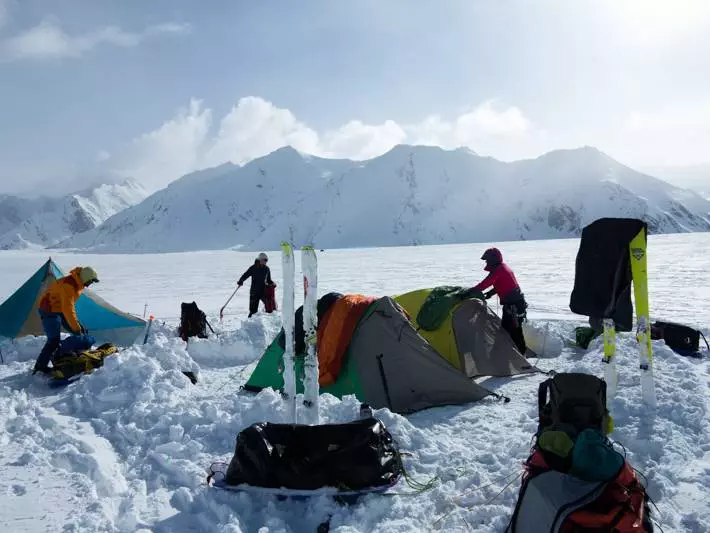 Stetting up camp after ski touring