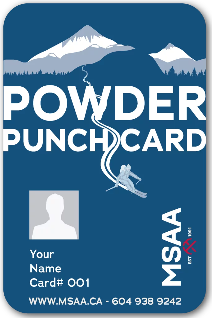 A powder punch card featuring a skier on an adventurous expedition in the mountains.